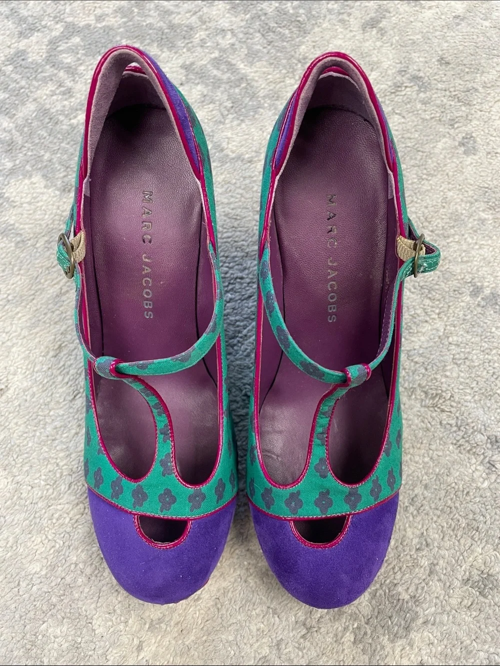 Vintage Marc Jacobs Purple Teal T-Strap Wedge Heels Retro Flower Sz 35.5